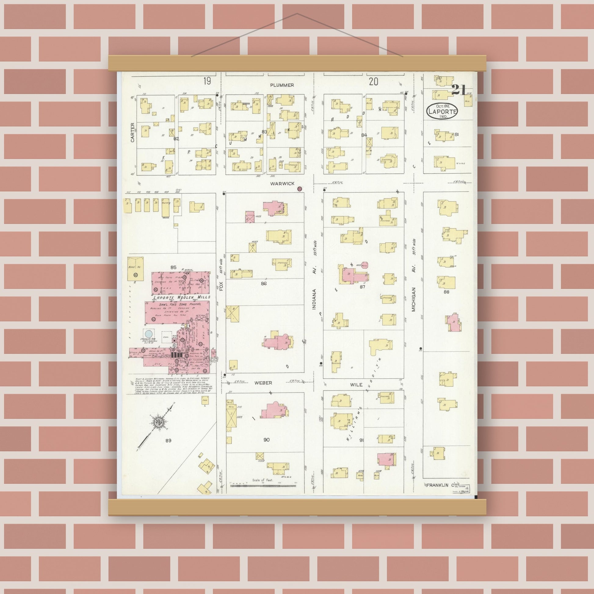 Old map wall art mockup — magnetic wood frame on brick wall — Sanborn Fire Insurance Map from La Porte, La Porte County, Indiana (1912), Sheet #0021
