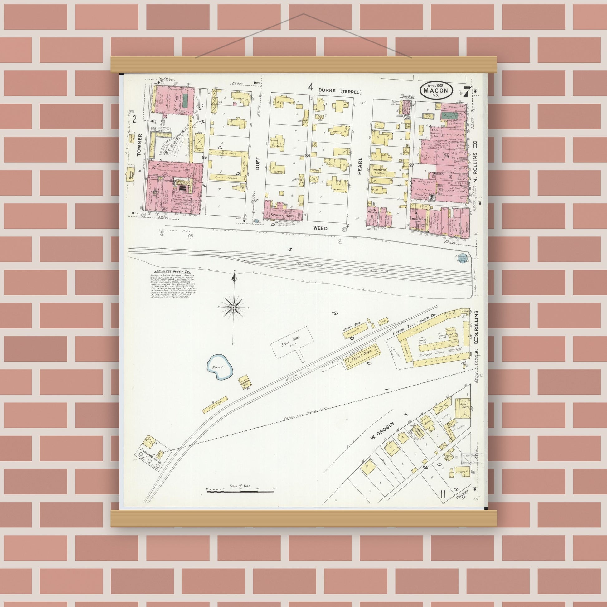 Old map wall art mockup — magnetic wood frame on brick wall — Sanborn Fire Insurance Map from Macon, Macon County, Missouri (1909), Sheet #0007