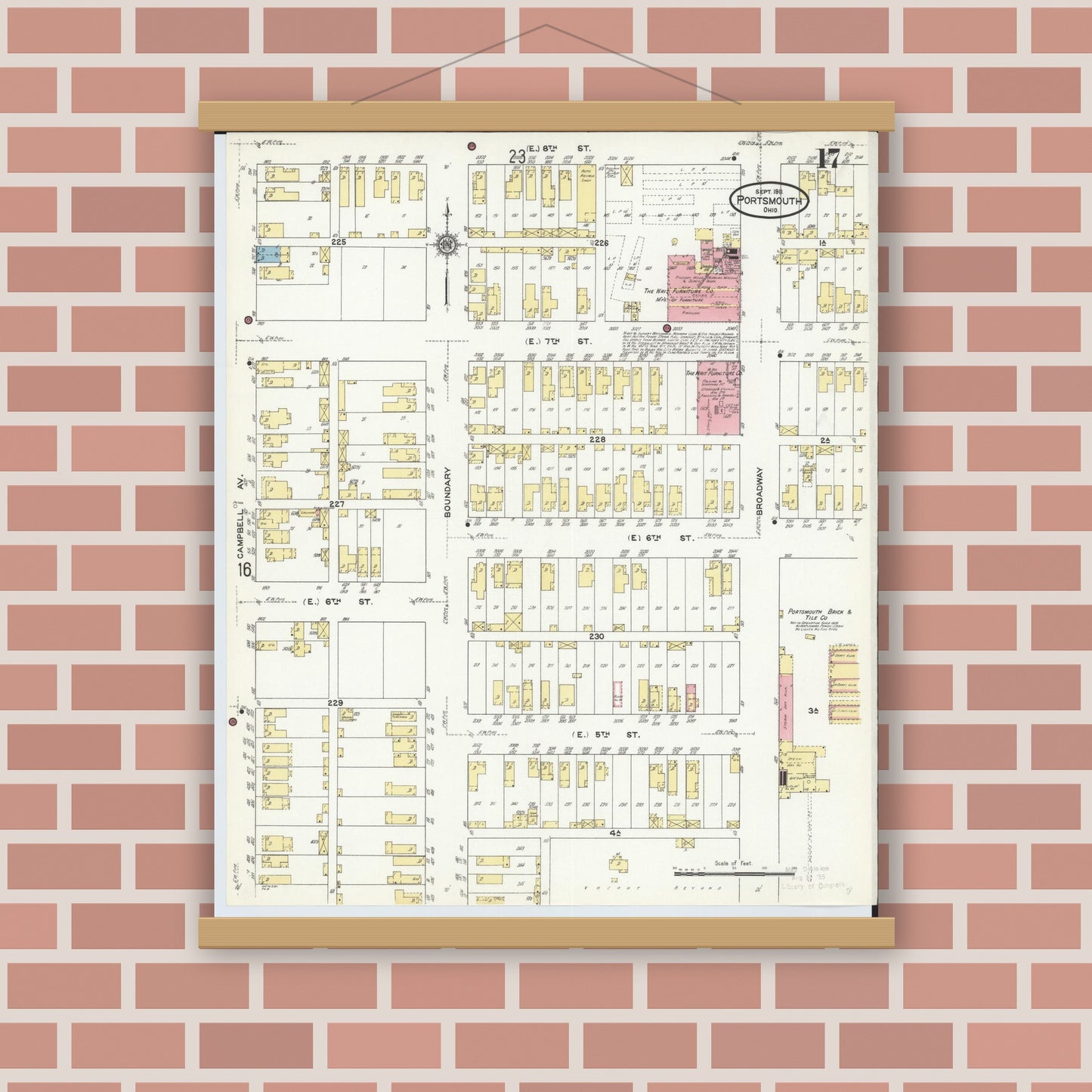 Old map wall art mockup — magnetic wood frame on brick wall — Sanborn Fire Insurance Map from Portsmouth, Scioto County, Ohio (1911), Sheet #0017