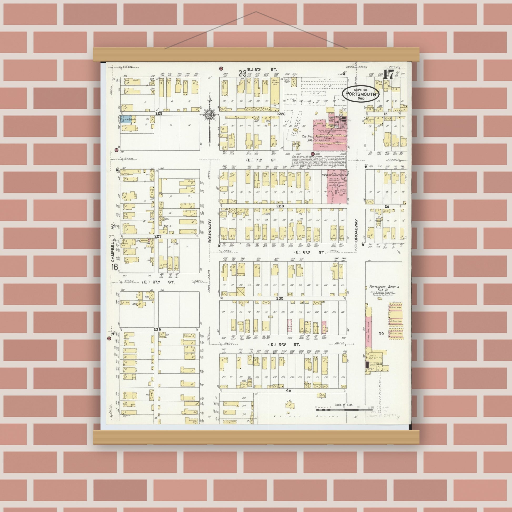 Old map wall art mockup — magnetic wood frame on brick wall — Sanborn Fire Insurance Map from Portsmouth, Scioto County, Ohio (1911), Sheet #0017