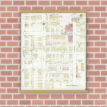 Old map wall art mockup — magnetic wood frame on brick wall — Sanborn Fire Insurance Map from Portsmouth, Scioto County, Ohio (1911), Sheet #0017