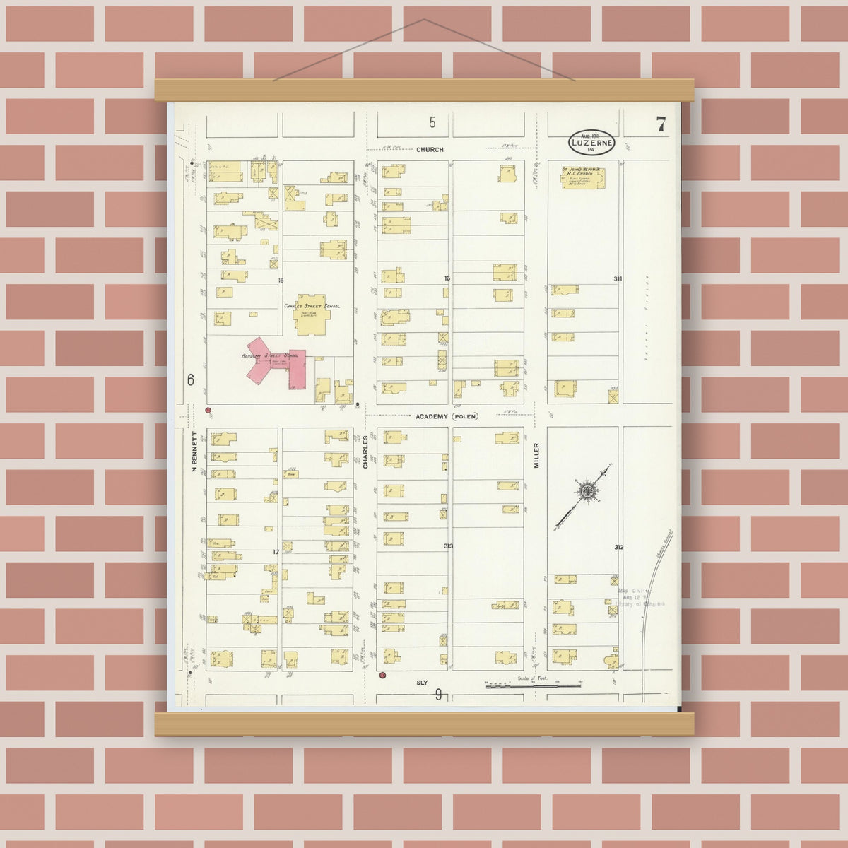 Old map wall art mockup — magnetic wood frame on brick wall — Sanborn Fire Insurance Map from Luzerne, Luzerne County, Pennsylvania (1911), Sheet #0007