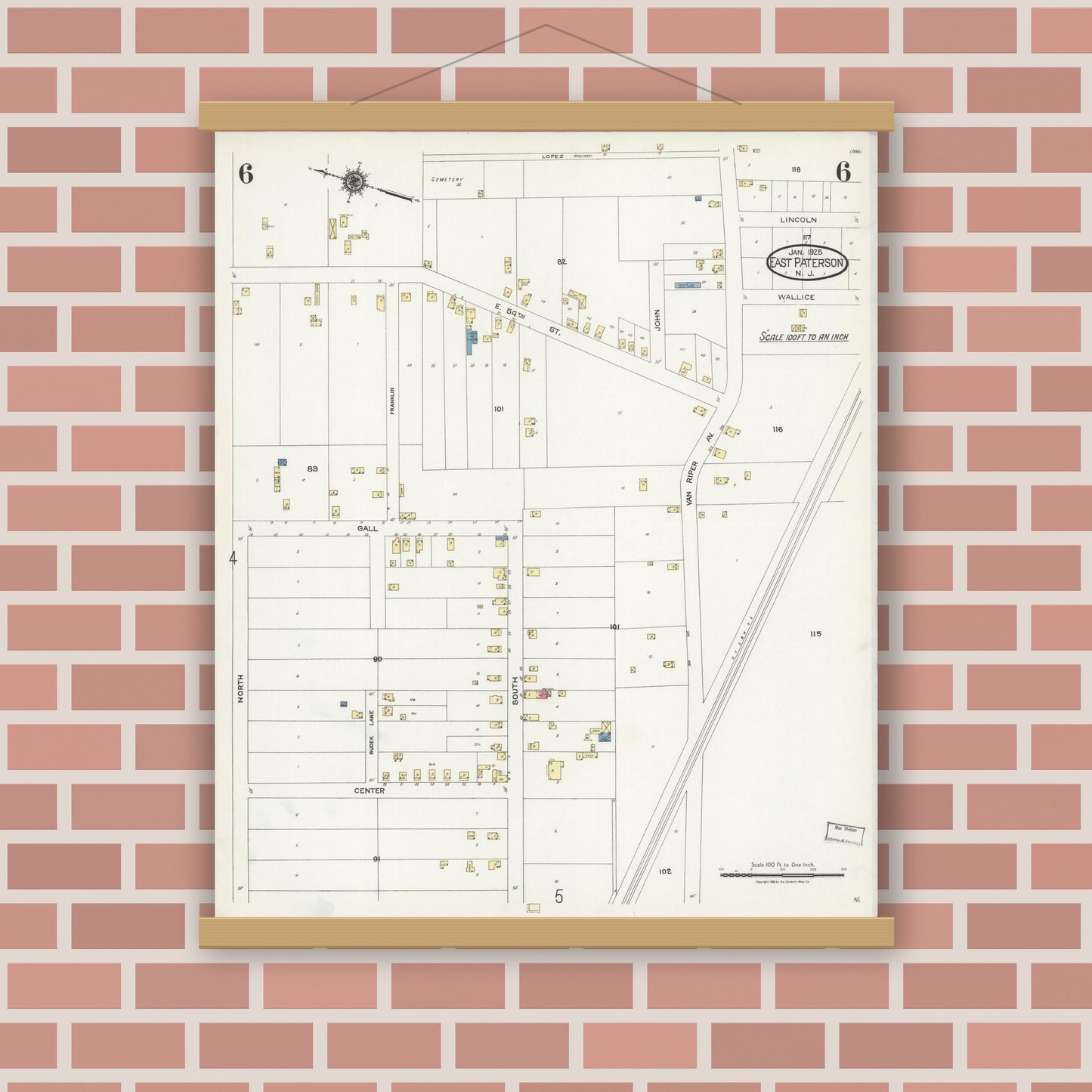 Old map wall art mockup — magnetic wood frame on brick wall — Sanborn Fire Insurance Map from East Paterson, Bergen County, New Jersey (1925), Sheet #0006