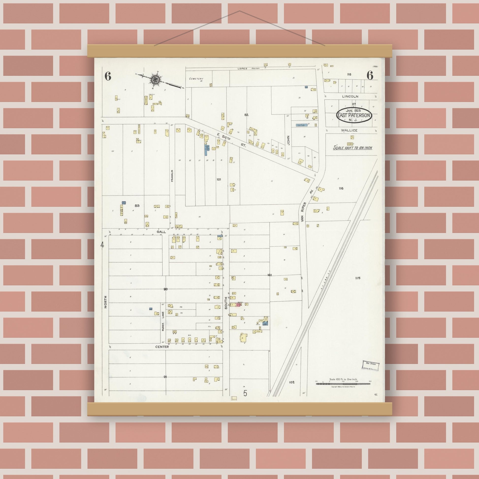 Old map wall art mockup — magnetic wood frame on brick wall — Sanborn Fire Insurance Map from East Paterson, Bergen County, New Jersey (1925), Sheet #0006