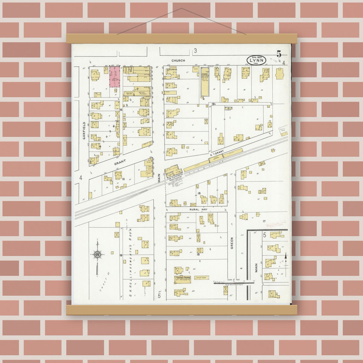 Old map wall art mockup — magnetic wood frame on brick wall — Sanborn Fire Insurance Map from Lynn, Randolph County, Indiana (1920), Sheet #0005