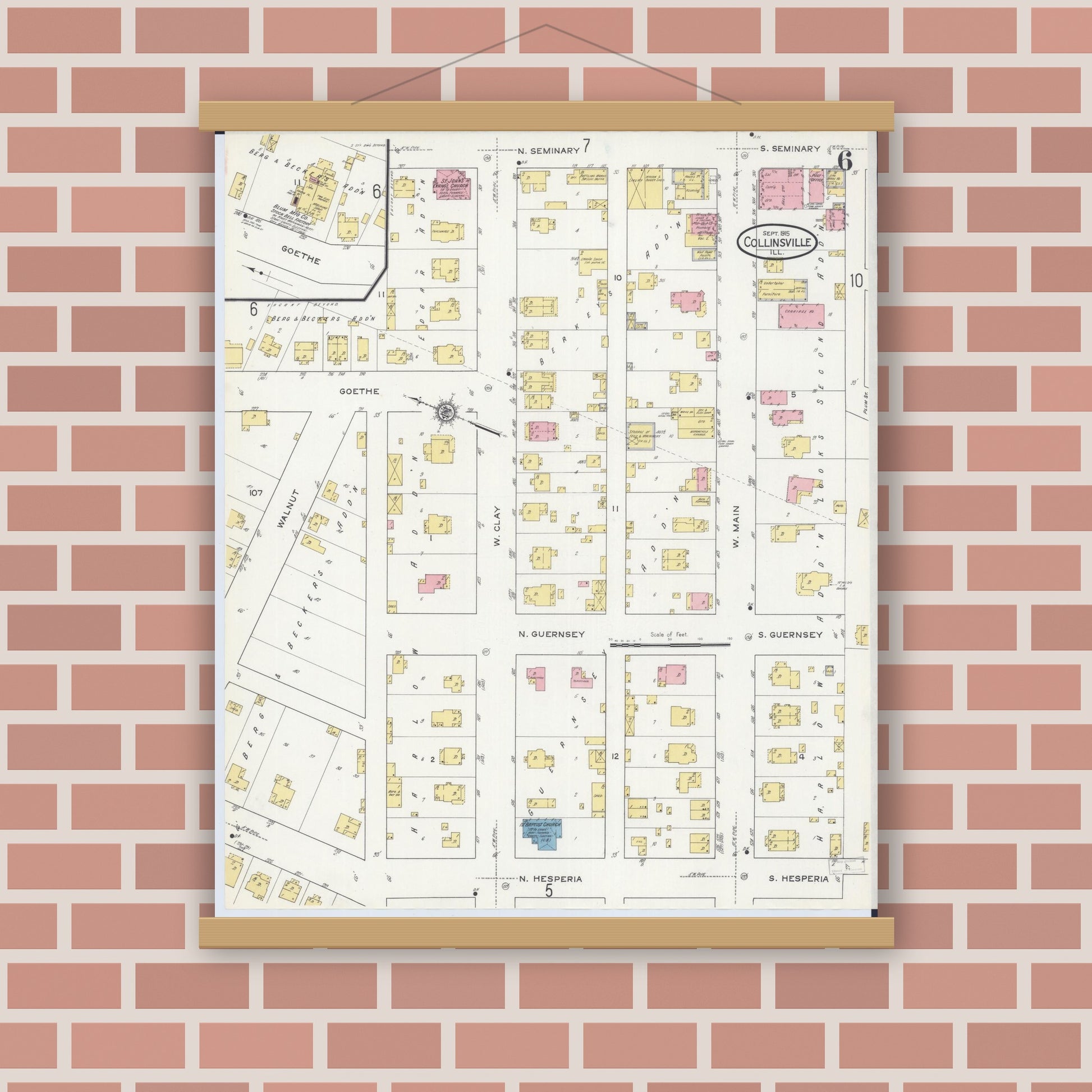 Old map wall art mockup — magnetic wood frame on brick wall — Sanborn Fire Insurance Map from Collinsville, Madison County, Illinois (1915), Sheet #0006