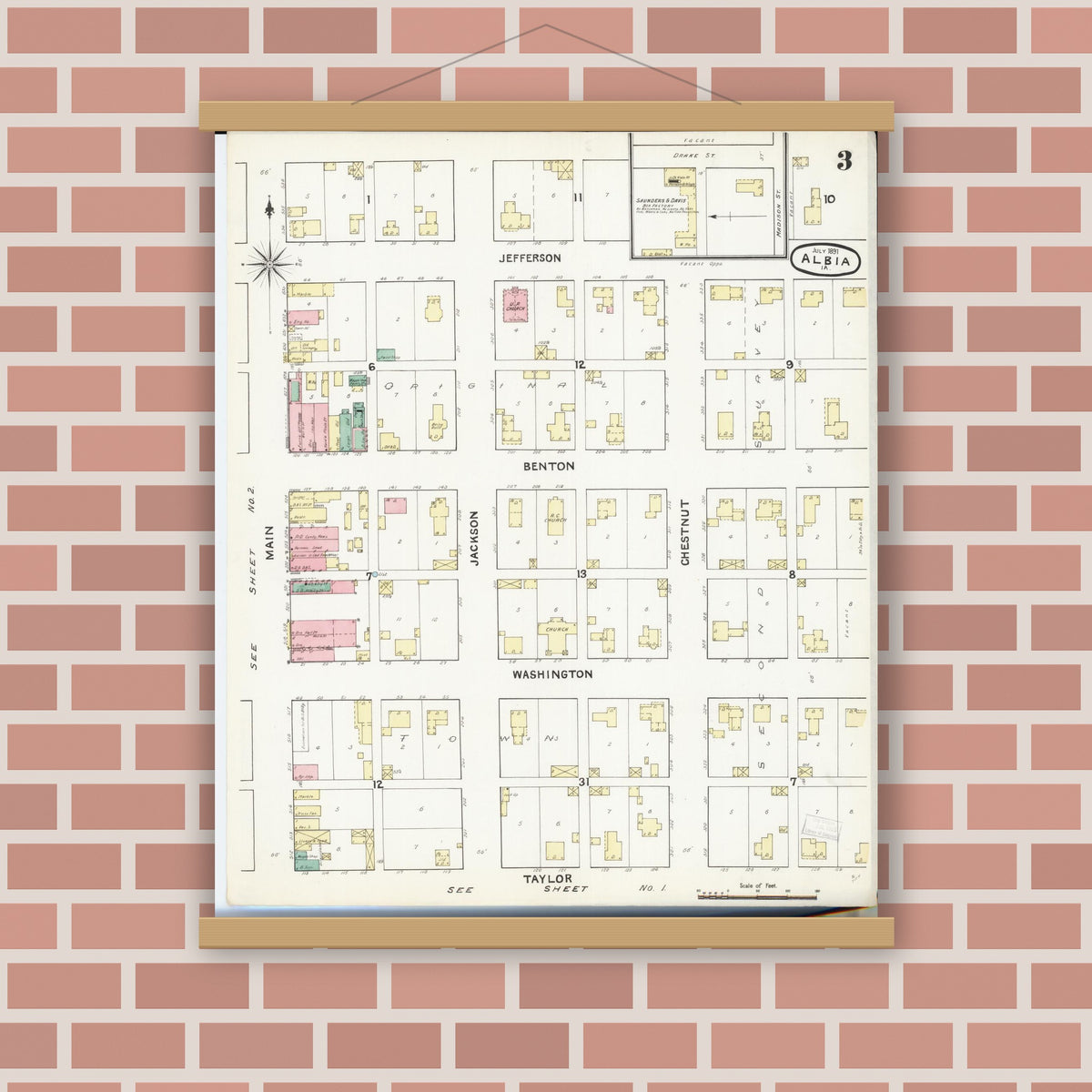 Old map wall art mockup — magnetic wood frame on brick wall — Sanborn Fire Insurance Map from Albia, Monroe County, Iowa (1891), Sheet #0003