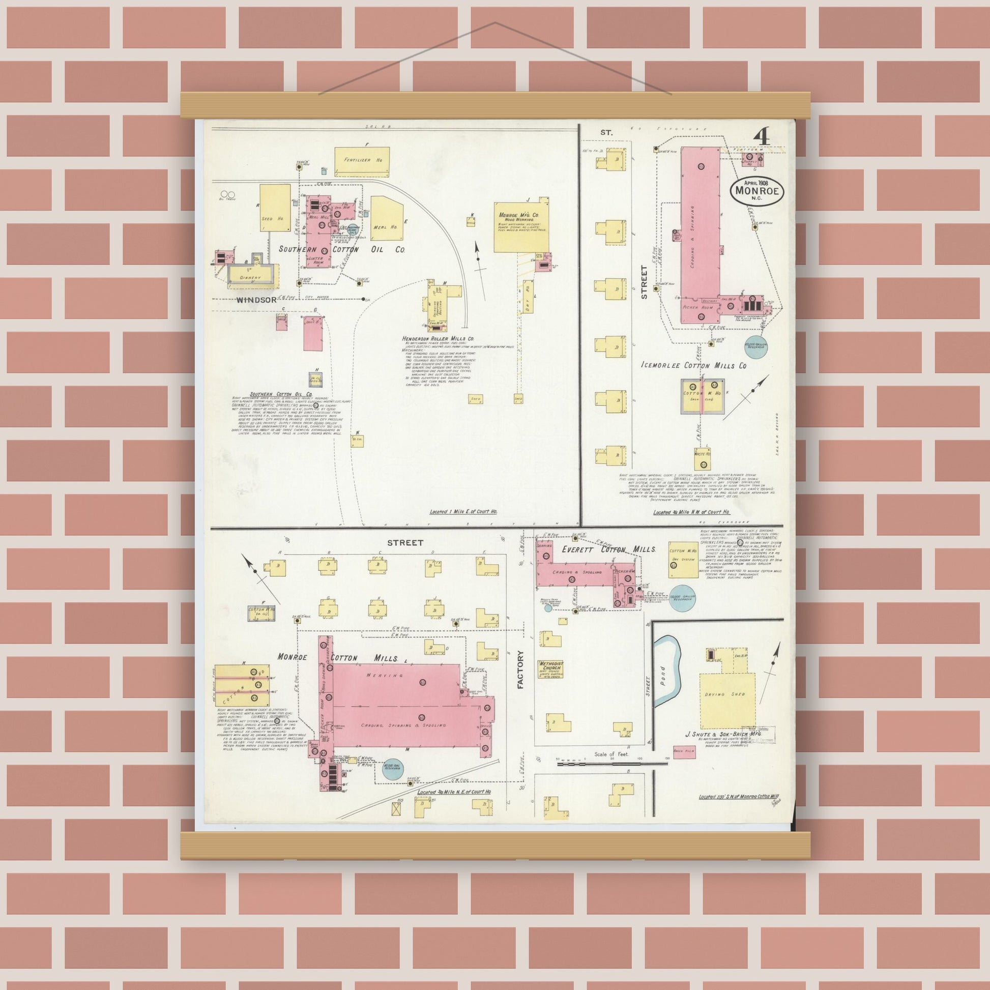 Old map wall art mockup — magnetic wood frame on brick wall — Sanborn Fire Insurance Map from Monroe, Union County, North Carolina (1908), Sheet #0004