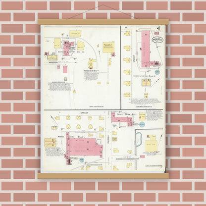 Old map wall art mockup — magnetic wood frame on brick wall — Sanborn Fire Insurance Map from Monroe, Union County, North Carolina (1908), Sheet #0004