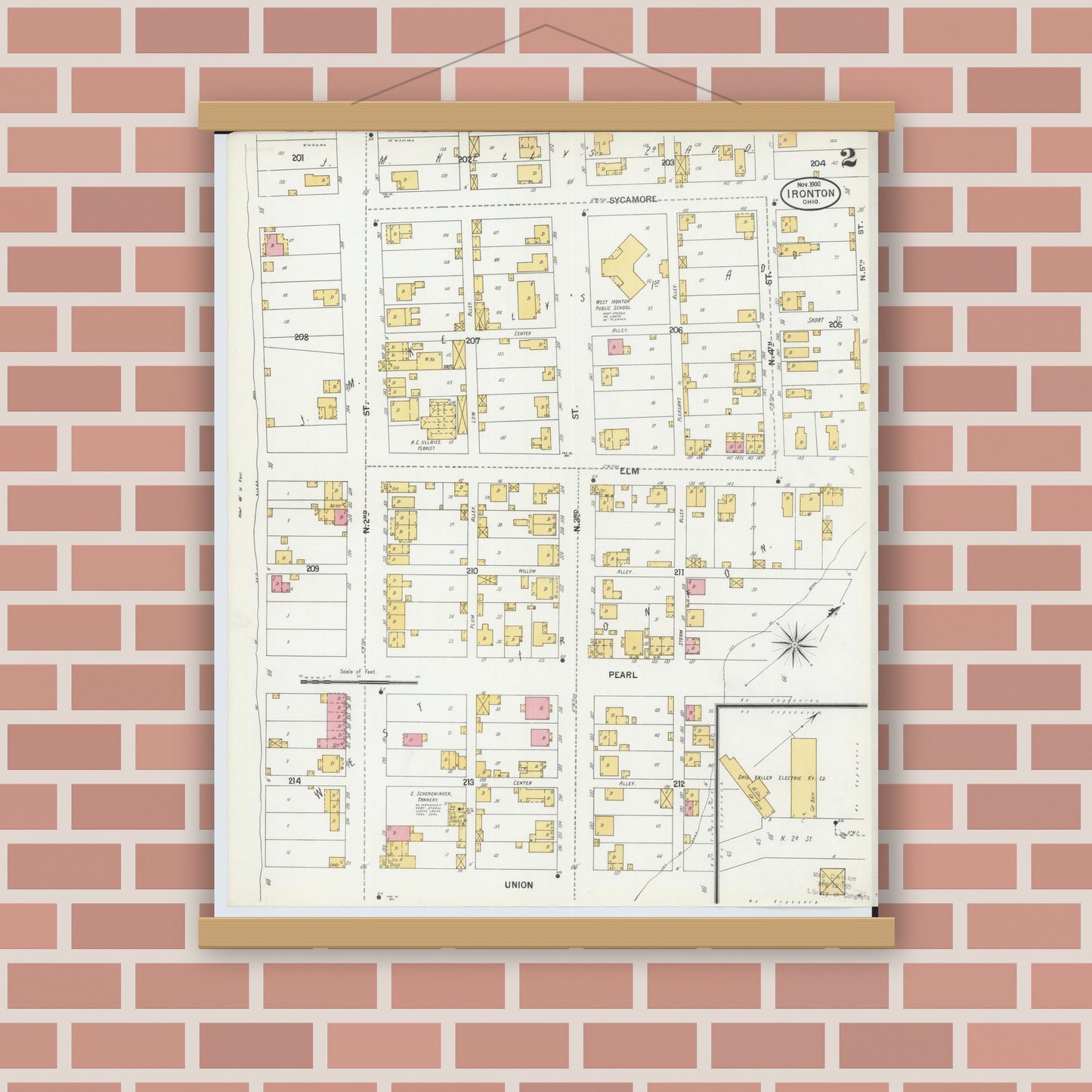 Old map wall art mockup — magnetic wood frame on brick wall — Sanborn Fire Insurance Map from Ironton, Lawrence County, Ohio (1900), Sheet #0002