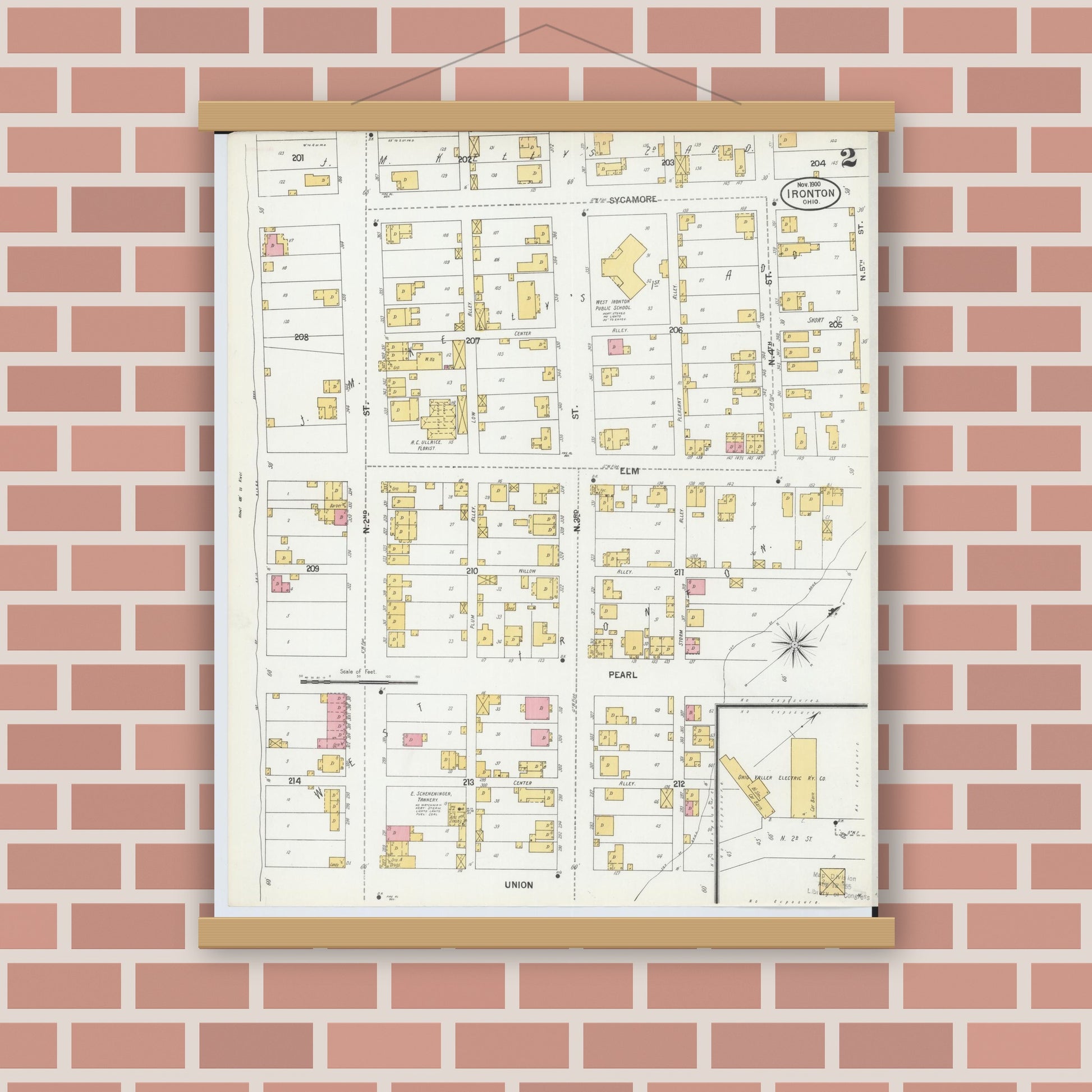 Old map wall art mockup — magnetic wood frame on brick wall — Sanborn Fire Insurance Map from Ironton, Lawrence County, Ohio (1900), Sheet #0002