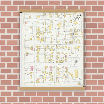 Old map wall art mockup — magnetic wood frame on brick wall — Sanborn Fire Insurance Map from Ironton, Lawrence County, Ohio (1900), Sheet #0002