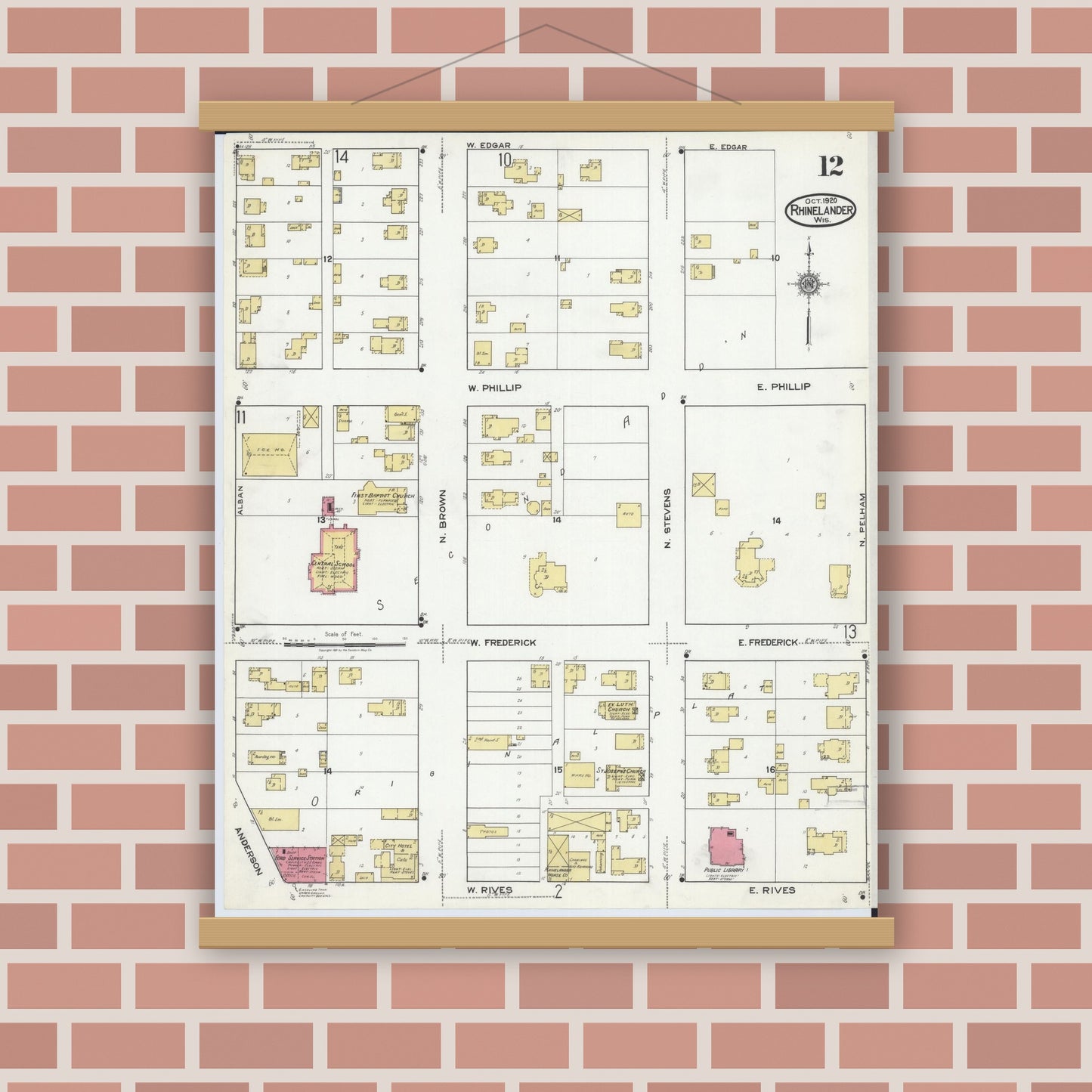 Old map wall art mockup — magnetic wood frame on brick wall — Sanborn Fire Insurance Map from Rhinelander, Oneida County, Wisconsin (1920), Sheet #0012