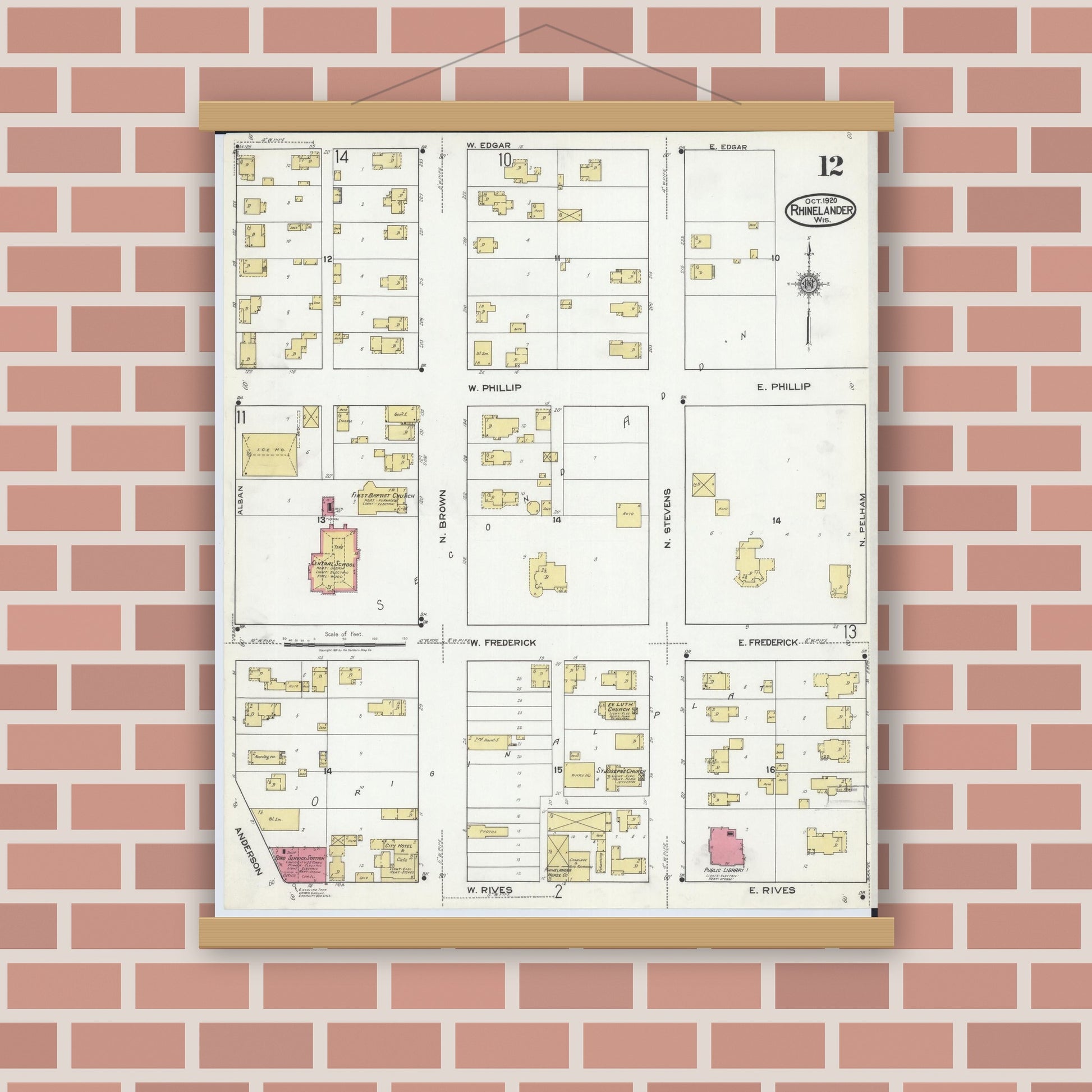 Old map wall art mockup — magnetic wood frame on brick wall — Sanborn Fire Insurance Map from Rhinelander, Oneida County, Wisconsin (1920), Sheet #0012