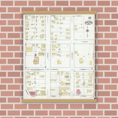 Old map wall art mockup — magnetic wood frame on brick wall — Sanborn Fire Insurance Map from Rhinelander, Oneida County, Wisconsin (1920), Sheet #0012