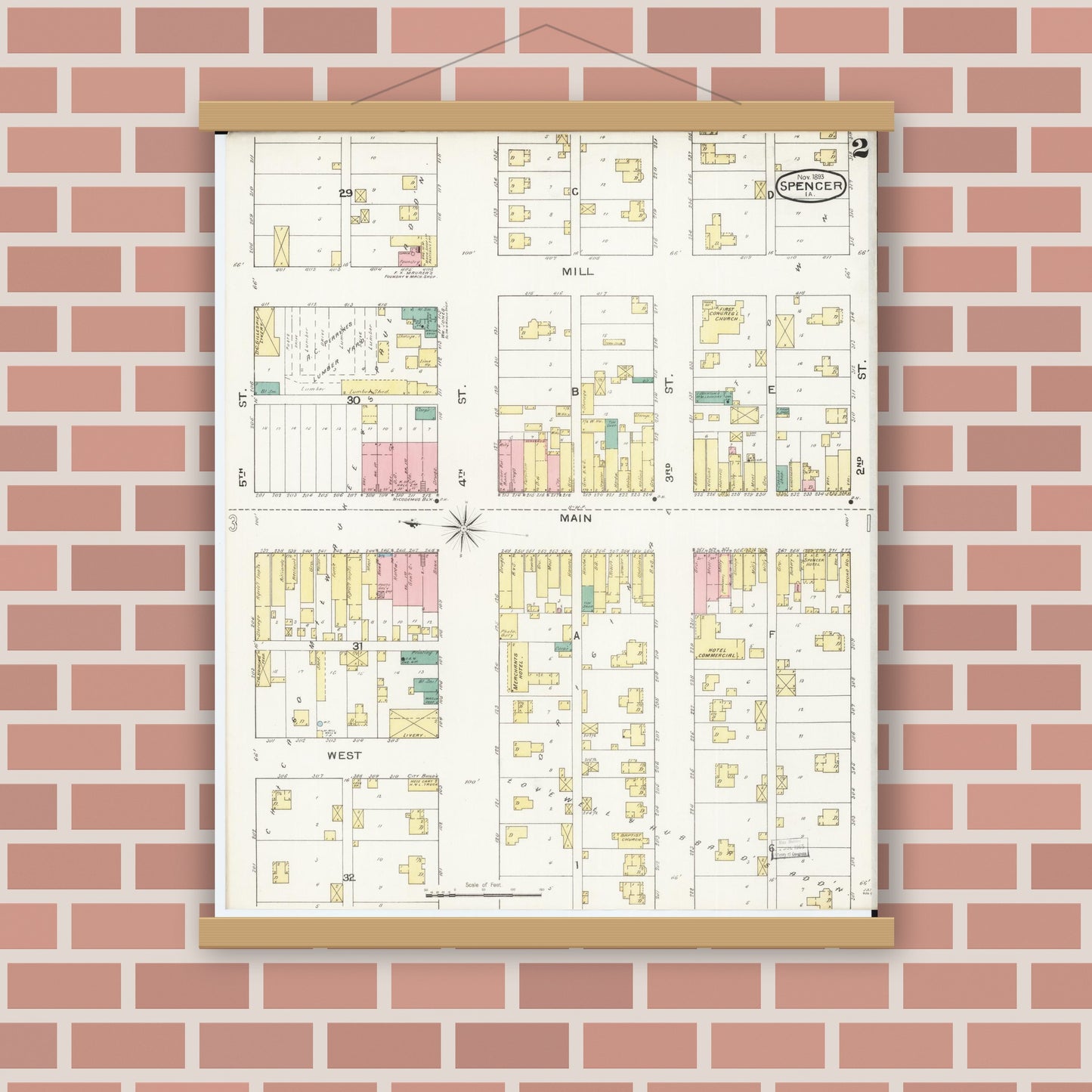 Old map wall art mockup — magnetic wood frame on brick wall — Sanborn Fire Insurance Map from Spencer, Clay County, Iowa (1893), Sheet #0002