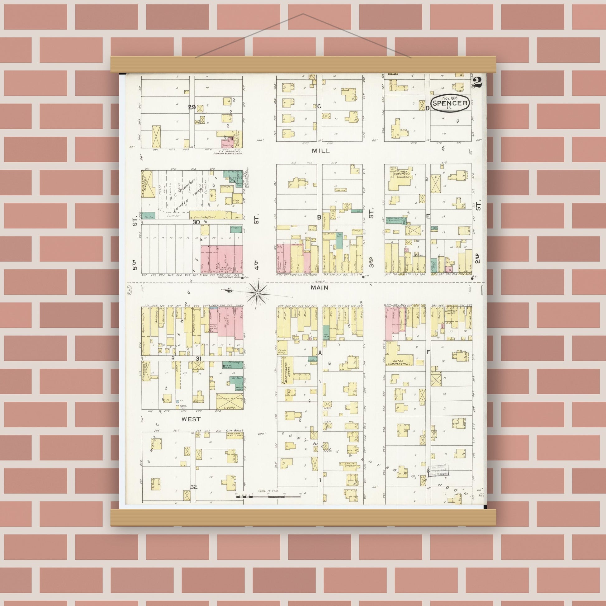 Old map wall art mockup — magnetic wood frame on brick wall — Sanborn Fire Insurance Map from Spencer, Clay County, Iowa (1893), Sheet #0002