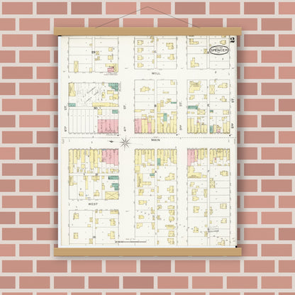 Old map wall art mockup — magnetic wood frame on brick wall — Sanborn Fire Insurance Map from Spencer, Clay County, Iowa (1893), Sheet #0002