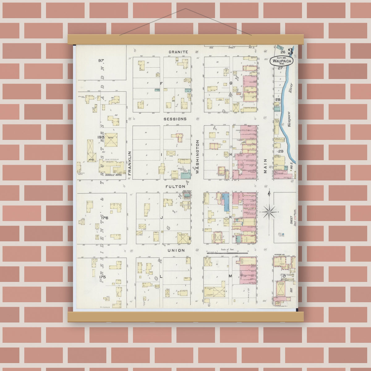 Old map wall art mockup — magnetic wood frame on brick wall — Sanborn Fire Insurance Map from Waupaca, Waupaca County, Wisconsin (1891), Sheet #0003