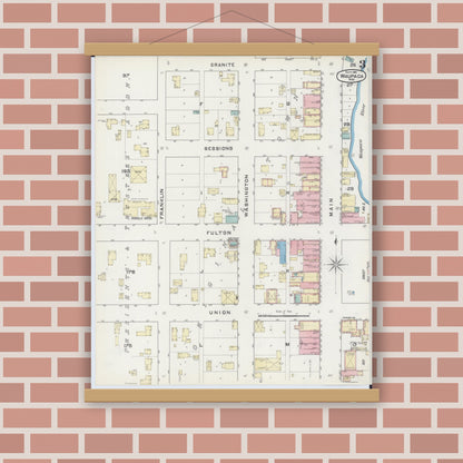 Old map wall art mockup — magnetic wood frame on brick wall — Sanborn Fire Insurance Map from Waupaca, Waupaca County, Wisconsin (1891), Sheet #0003