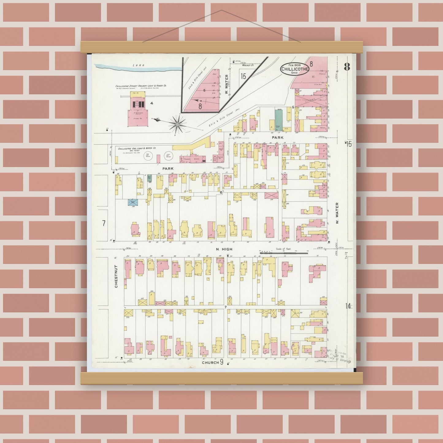 Old map wall art mockup — magnetic wood frame on brick wall — Sanborn Fire Insurance Map from Chillicothe, Ross County, Ohio (1909), Sheet #0008