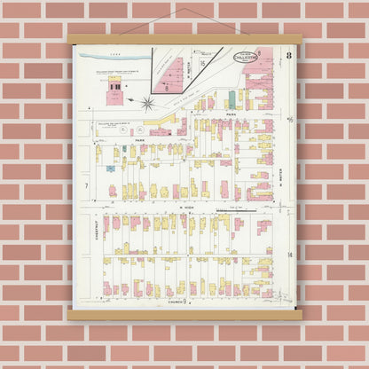 Old map wall art mockup — magnetic wood frame on brick wall — Sanborn Fire Insurance Map from Chillicothe, Ross County, Ohio (1909), Sheet #0008