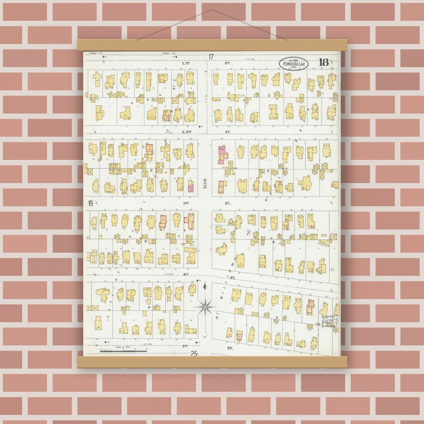 Old map wall art mockup — magnetic wood frame on brick wall — Sanborn Fire Insurance Map from Fond du Lac, Fond du Lac County, Wisconsin (1902), Sheet #0018