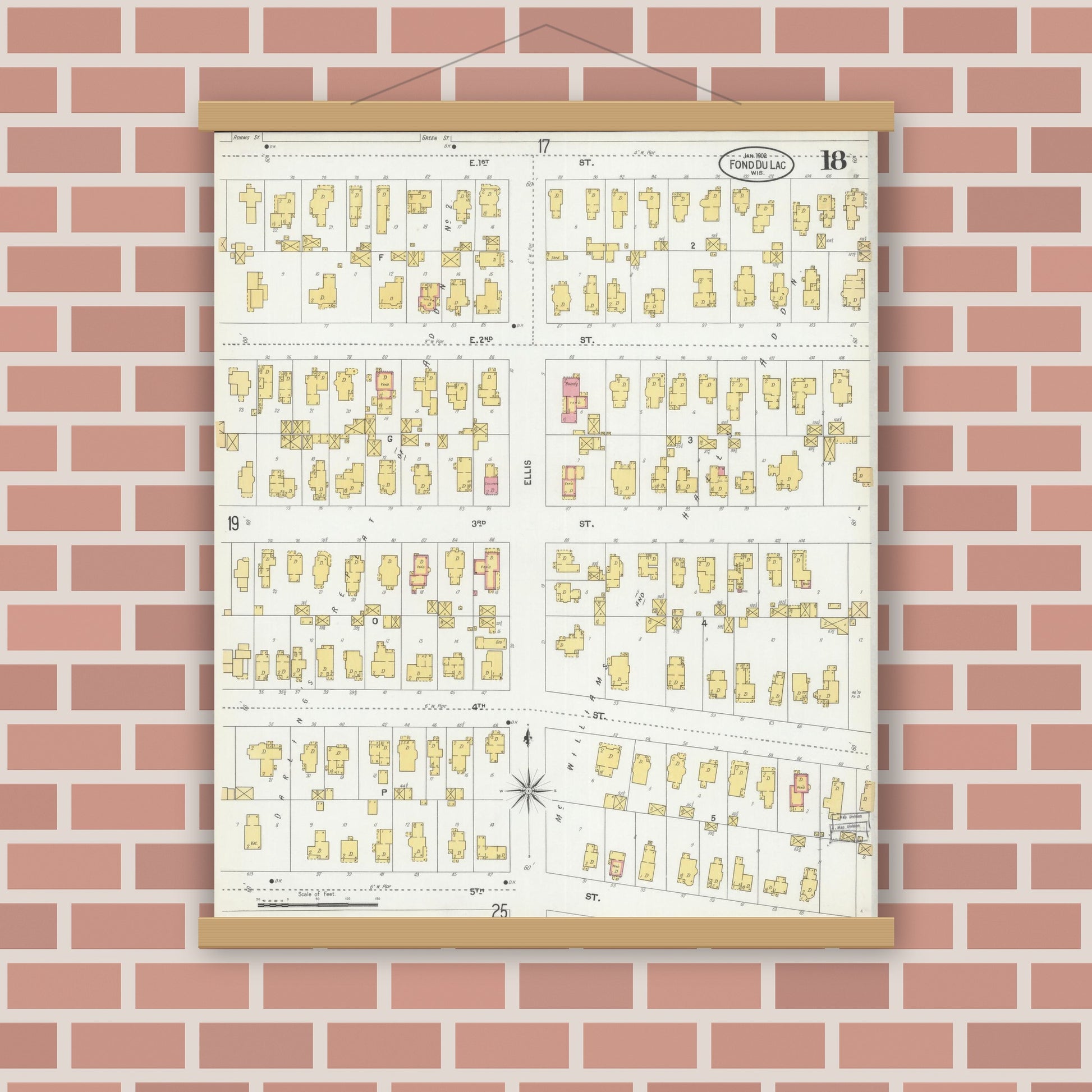 Old map wall art mockup — magnetic wood frame on brick wall — Sanborn Fire Insurance Map from Fond du Lac, Fond du Lac County, Wisconsin (1902), Sheet #0018