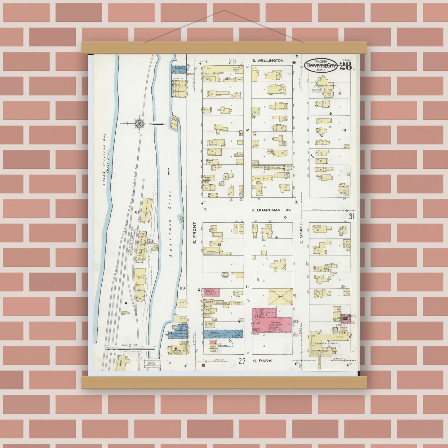 Old map wall art mockup — magnetic wood frame on brick wall — Sanborn Fire Insurance Map from Traverse City, Grand Traverse County, Michigan (1920), Sheet #0028