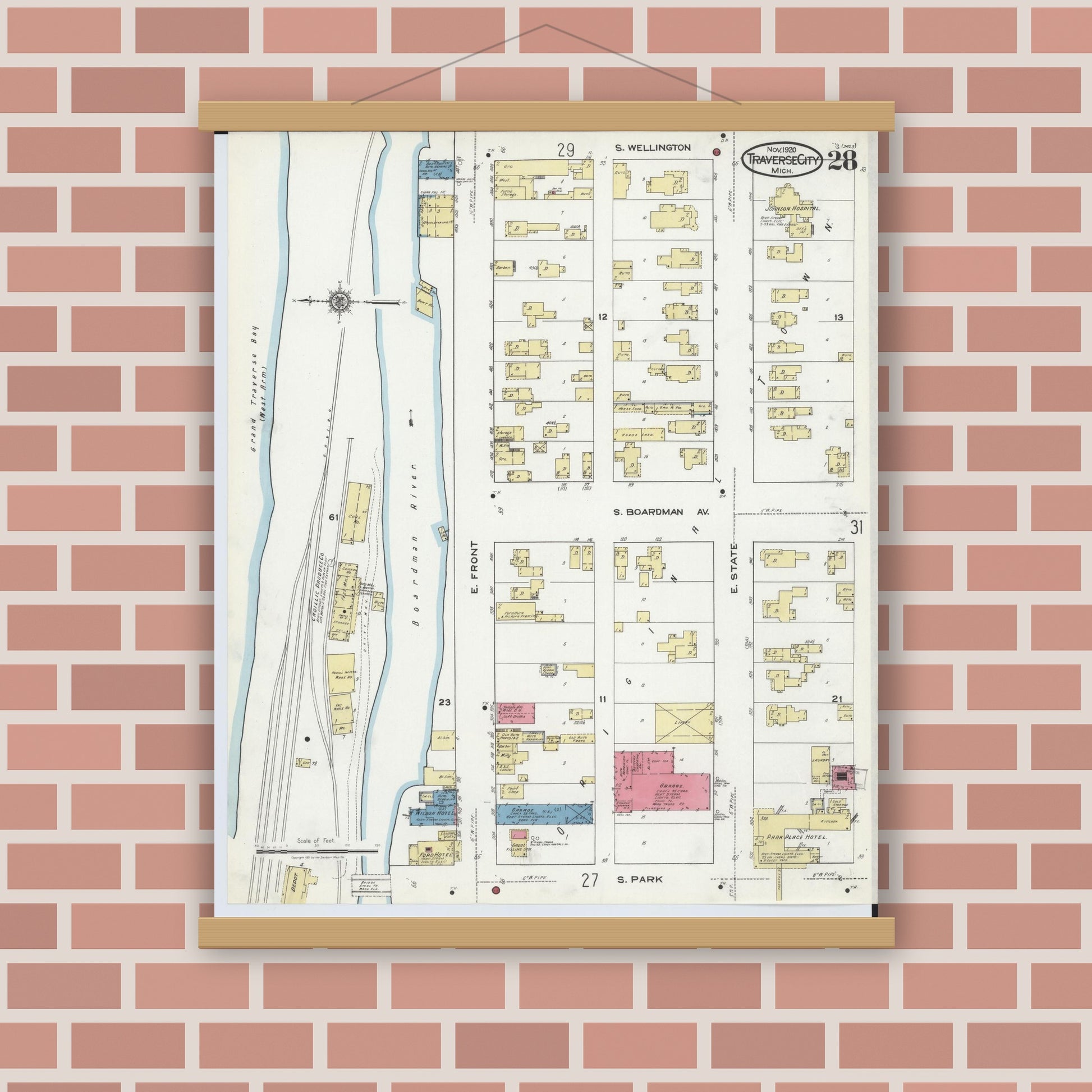 Old map wall art mockup — magnetic wood frame on brick wall — Sanborn Fire Insurance Map from Traverse City, Grand Traverse County, Michigan (1920), Sheet #0028