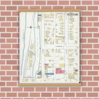 Old map wall art mockup — magnetic wood frame on brick wall — Sanborn Fire Insurance Map from Traverse City, Grand Traverse County, Michigan (1920), Sheet #0028
