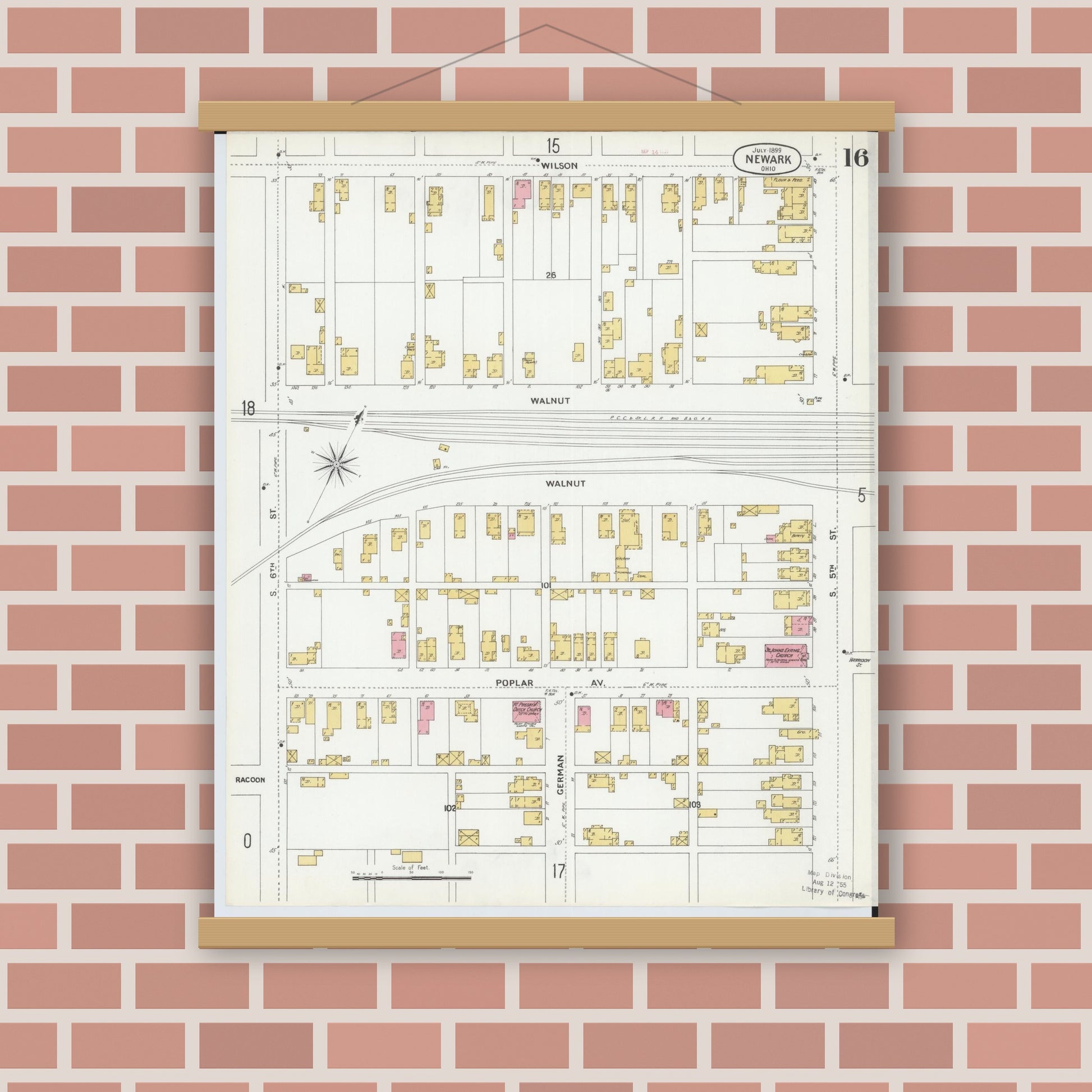 Old map wall art mockup — magnetic wood frame on brick wall — Sanborn Fire Insurance Map from Newark, Licking County, Ohio (1899), Sheet #0016