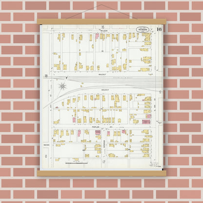Old map wall art mockup — magnetic wood frame on brick wall — Sanborn Fire Insurance Map from Newark, Licking County, Ohio (1899), Sheet #0016
