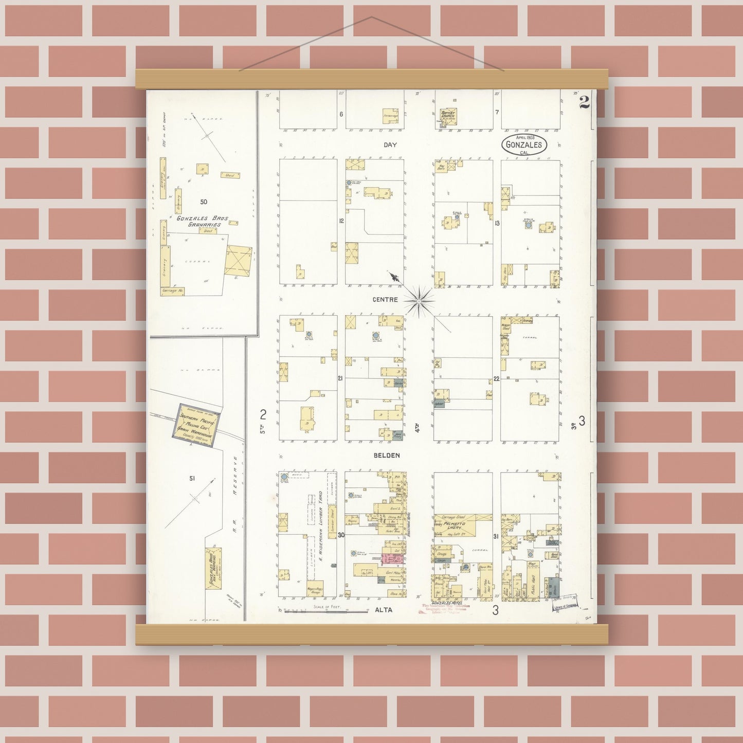 Old map wall art mockup — magnetic wood frame on brick wall — Sanborn Fire Insurance Map from Gonzales, Monterey County, California (1903), Sheet #0002