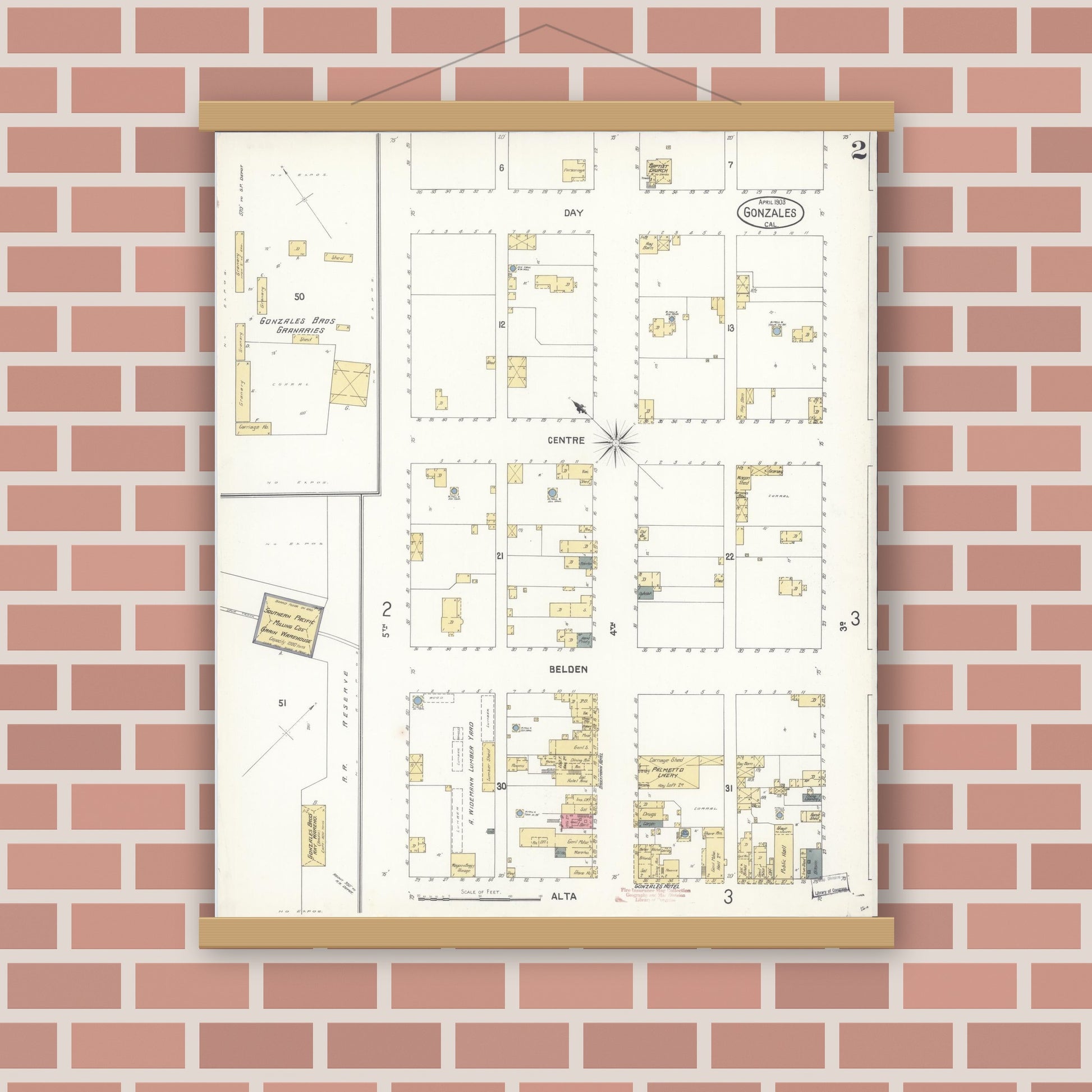 Old map wall art mockup — magnetic wood frame on brick wall — Sanborn Fire Insurance Map from Gonzales, Monterey County, California (1903), Sheet #0002