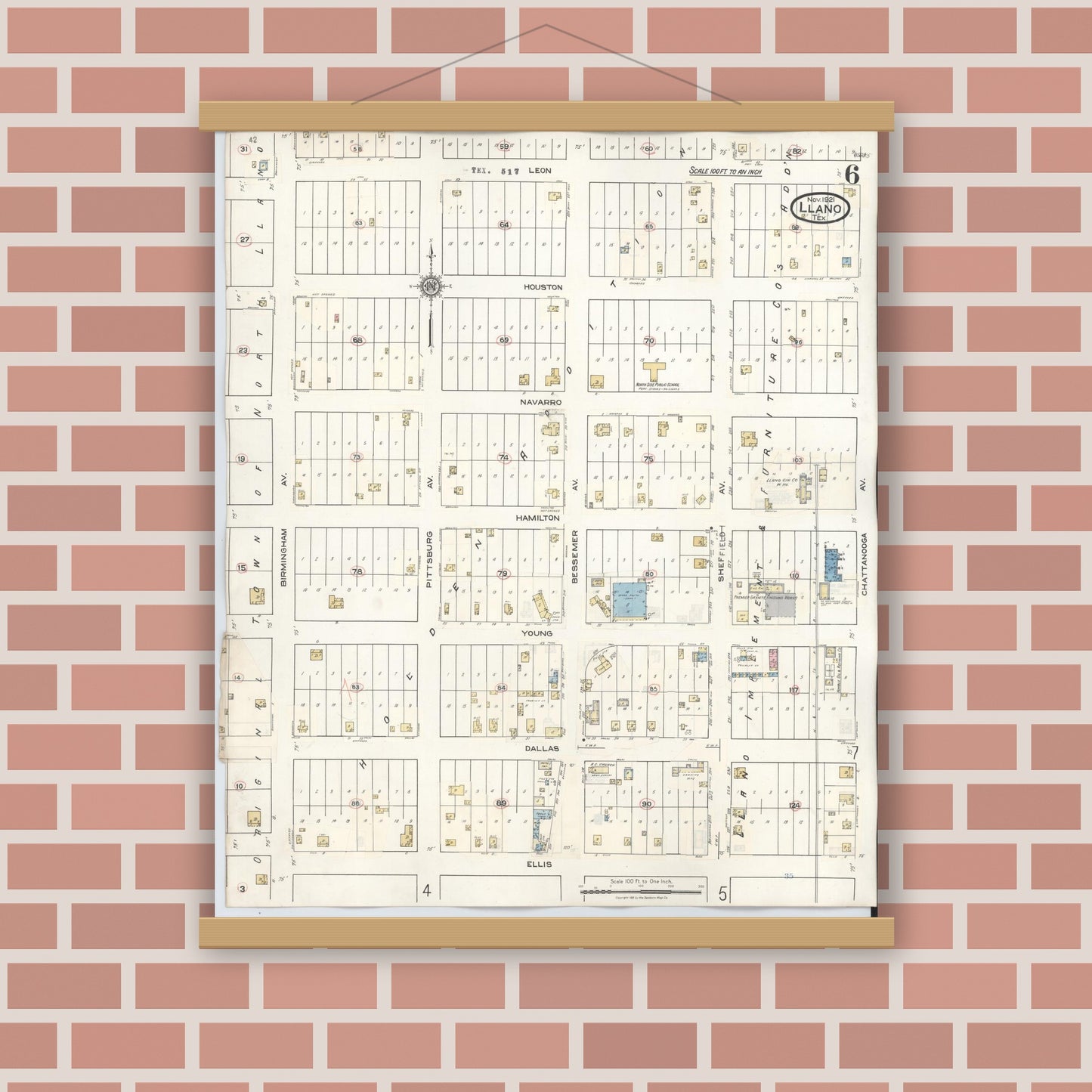 Old map wall art mockup — magnetic wood frame on brick wall — Sanborn Fire Insurance Map from Llano, Llano County, Texas (1942), Sheet #0006