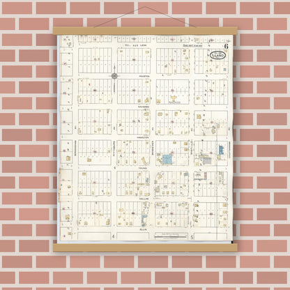 Old map wall art mockup — magnetic wood frame on brick wall — Sanborn Fire Insurance Map from Llano, Llano County, Texas (1942), Sheet #0006