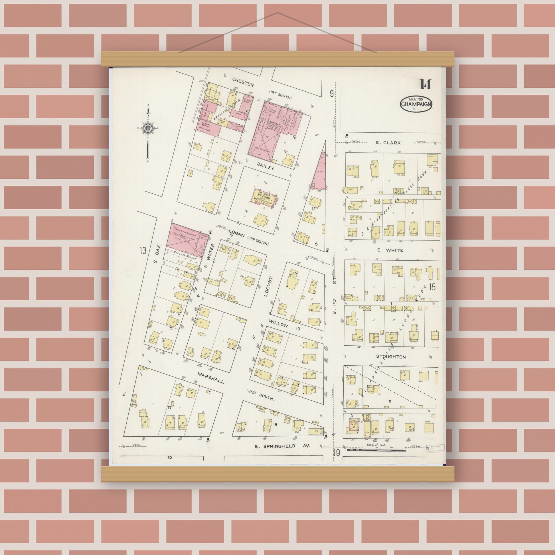 Old map wall art mockup — magnetic wood frame on brick wall — Sanborn Fire Insurance Map from Champaign, Champaign County, Illinois (1915), Sheet #0014