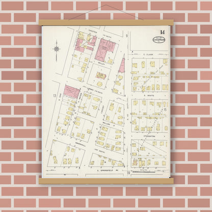 Old map wall art mockup — magnetic wood frame on brick wall — Sanborn Fire Insurance Map from Champaign, Champaign County, Illinois (1915), Sheet #0014