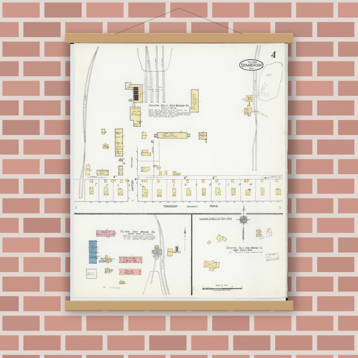 Old map wall art mockup — magnetic wood frame on brick wall — Sanborn Fire Insurance Map from Stambaugh, Iron County, Michigan (1922), Sheet #0004