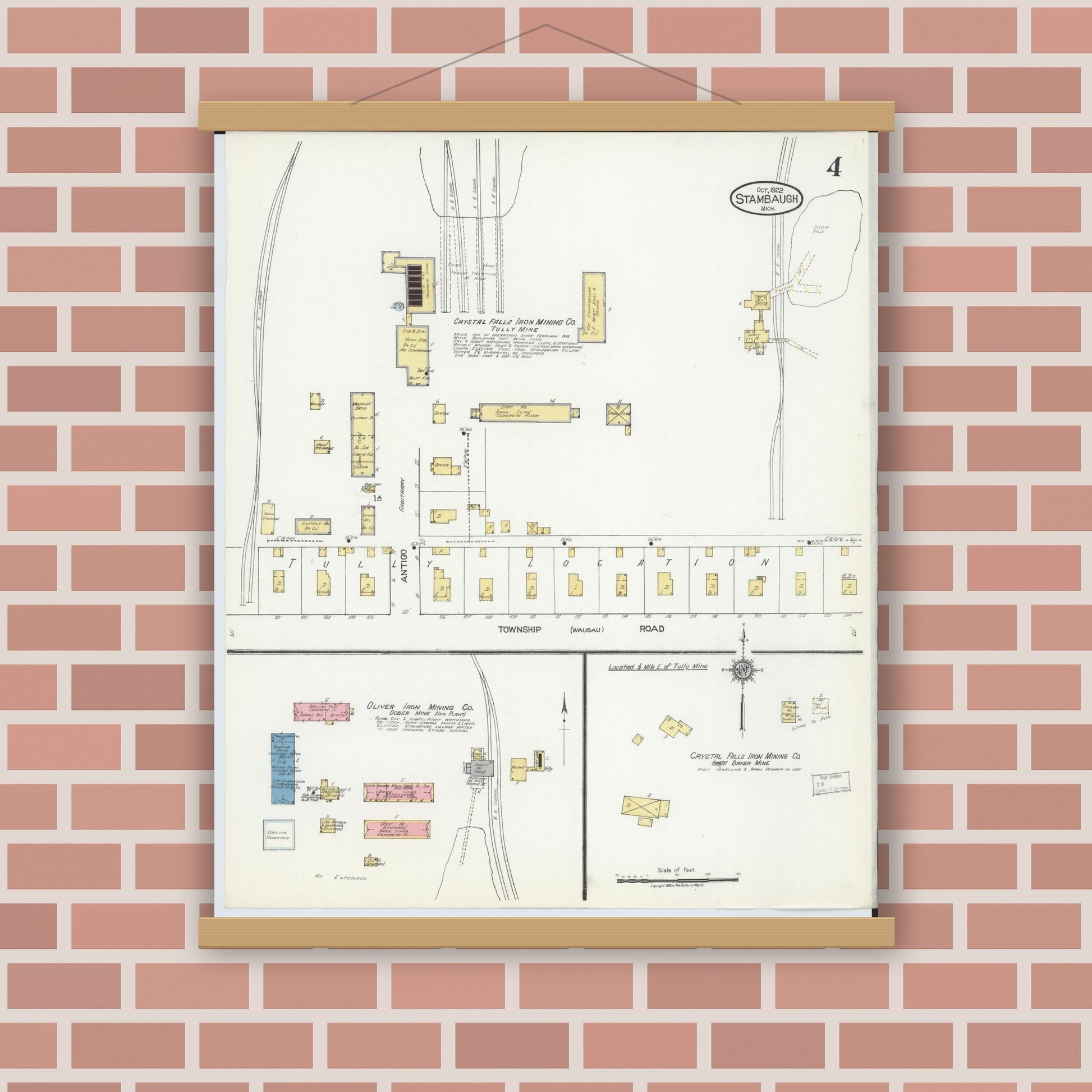 Old map wall art mockup — magnetic wood frame on brick wall — Sanborn Fire Insurance Map from Stambaugh, Iron County, Michigan (1922), Sheet #0004