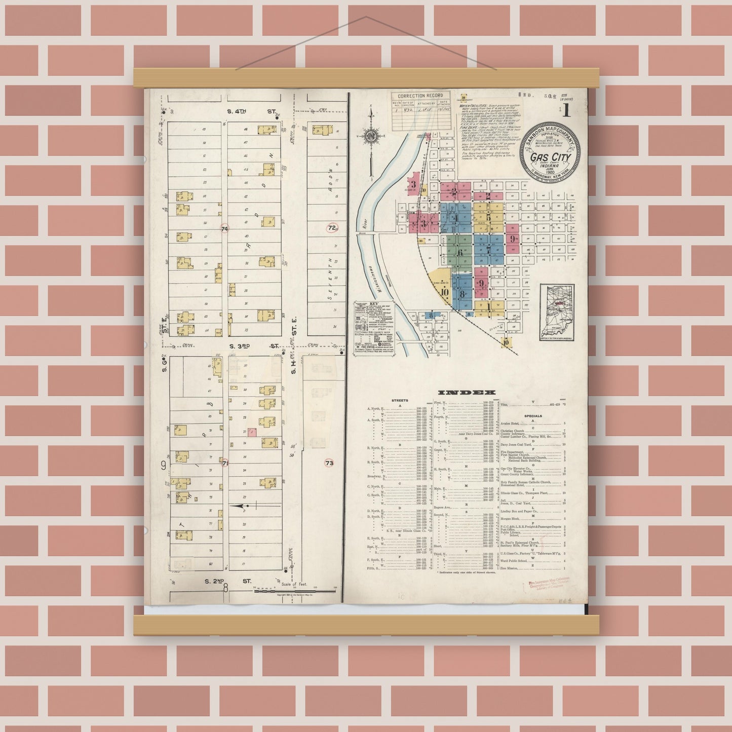 Old map wall art mockup — magnetic wood frame on brick wall — Sanborn Fire Insurance Map from Gas City, Grant County, Indiana (1932), Sheet #0001