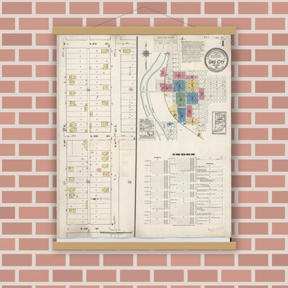 Old map wall art mockup — magnetic wood frame on brick wall — Sanborn Fire Insurance Map from Gas City, Grant County, Indiana (1932), Sheet #0001