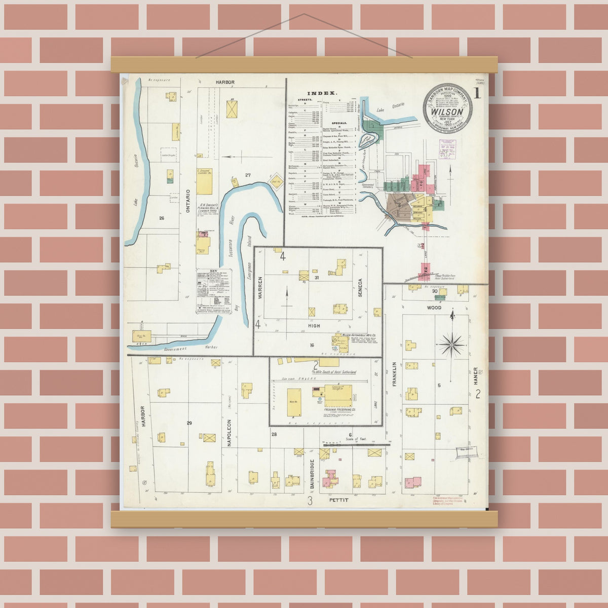 Old map wall art mockup — magnetic wood frame on brick wall — Sanborn Fire Insurance Map from Wilson, Niagara County, New York (1903) - Complete Map Set