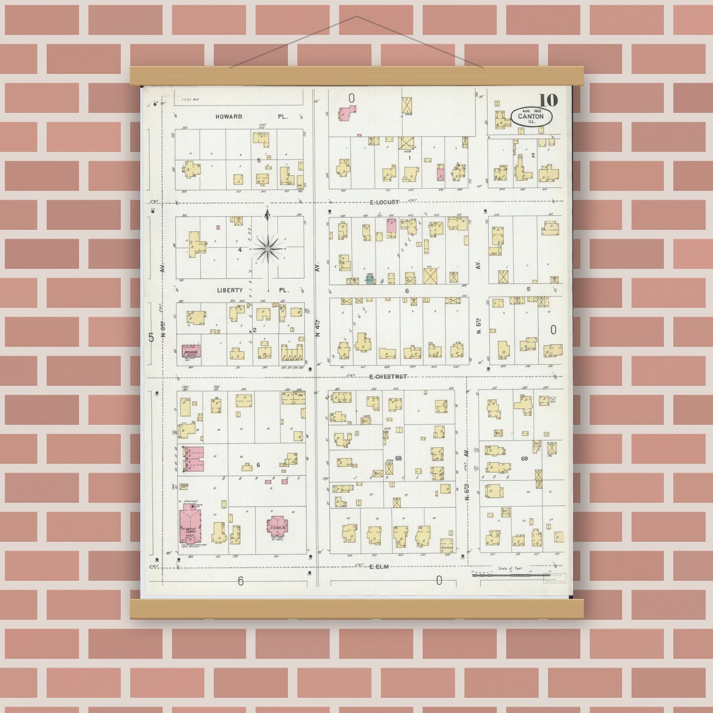 Old map wall art mockup — magnetic wood frame on brick wall — Sanborn Fire Insurance Map from Canton, Fulton County, Illinois (1902), Sheet #0010