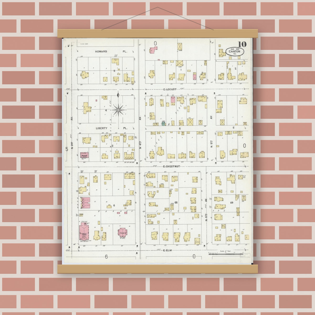 Old map wall art mockup — magnetic wood frame on brick wall — Sanborn Fire Insurance Map from Canton, Fulton County, Illinois (1902), Sheet #0010