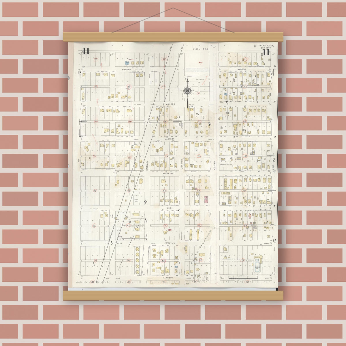 Old map wall art mockup — magnetic wood frame on brick wall — Sanborn Fire Insurance Map from Borger, Hutchinson County, Texas (1950), Sheet #0011