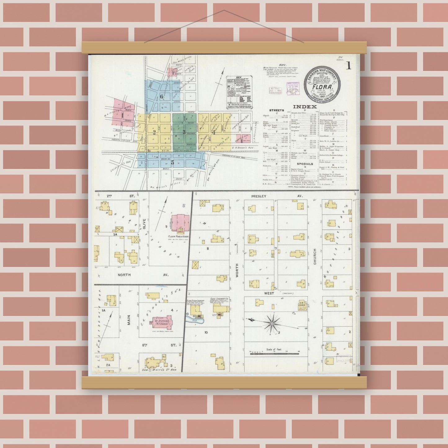 Old map wall art mockup — magnetic wood frame on brick wall — Sanborn Fire Insurance Map from Flora, Clay County, Illinois (1906) - Complete Map Set
