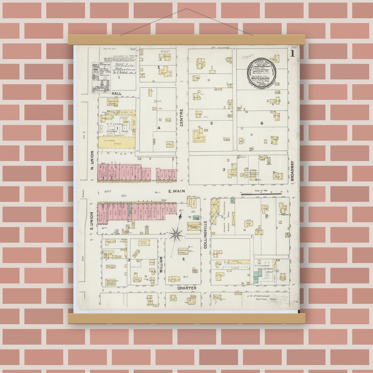 Old map wall art mockup — magnetic wood frame on brick wall — Sanborn Fire Insurance Map from Whitesboro, Grayson County, Texas (1891) - Complete Map Set