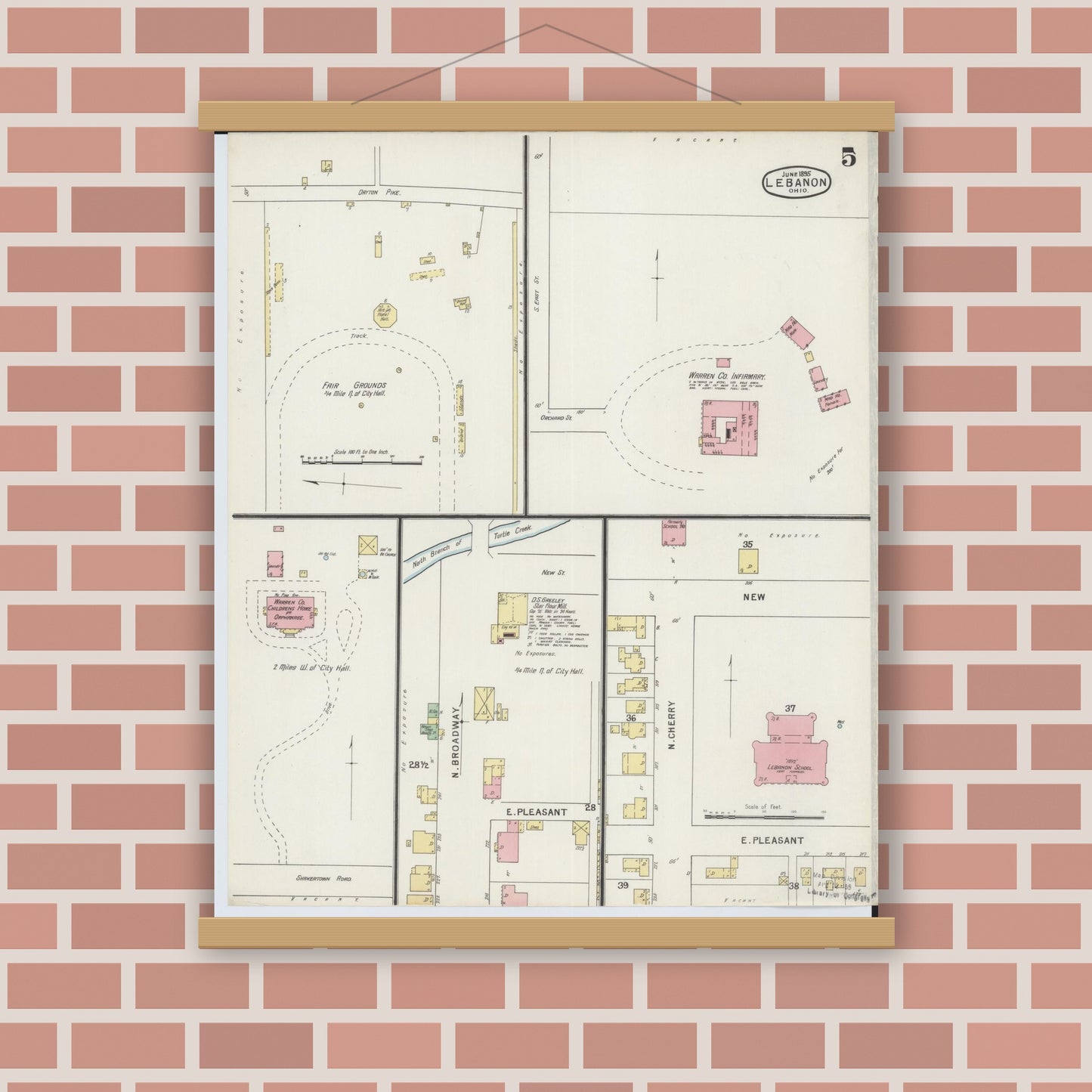 Old map wall art mockup — magnetic wood frame on brick wall — Sanborn Fire Insurance Map from Lebanon, Warren County, Ohio (1895), Sheet #0005